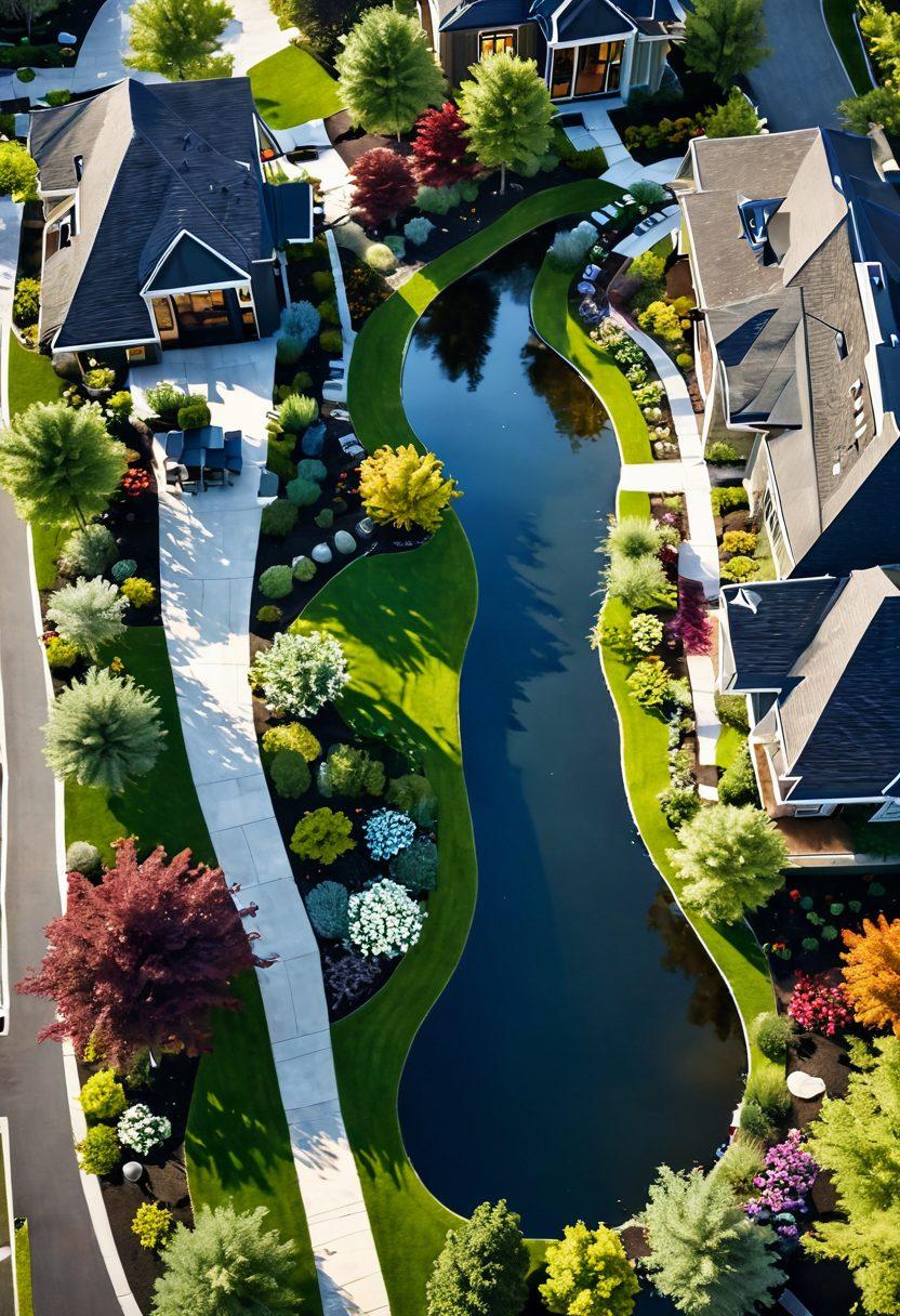 An aerial view of a modern, beautifully landscaped community showing luxurious homes, lush green parks, and vibrant flower beds, with families enjoying outdoor activities. Include a scenic pond and walking paths to highlight the lifestyle amenities available. Soft sunlight filters through the trees, creating a welcoming atmosphere. super-realistic. vibrant colors. 3D.