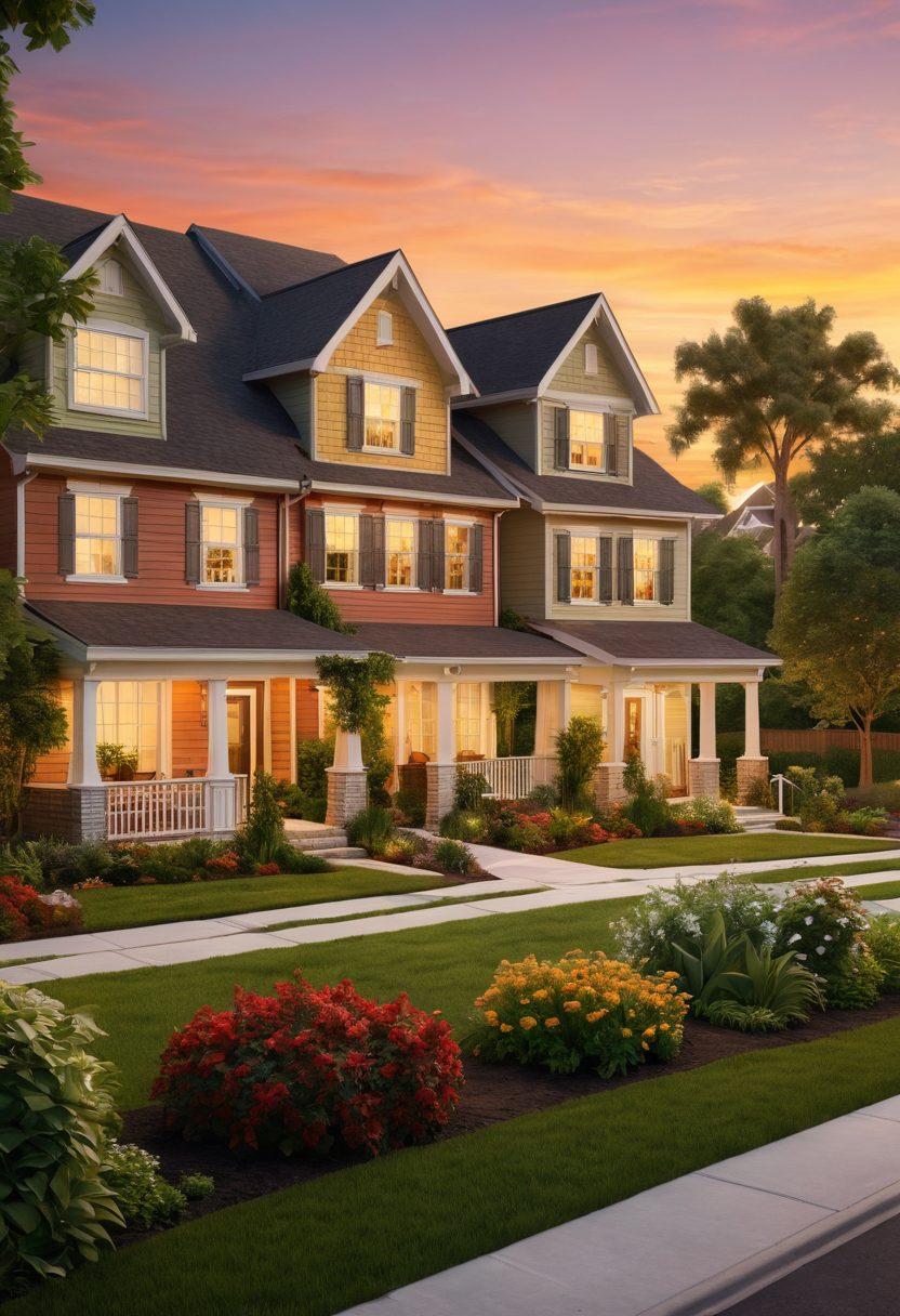 A picturesque community of Park Place Estates showcasing charming houses with lush greenery and friendly neighbors chatting outside. Include vibrant sunsets in the background to convey warmth and connectivity in community living. A subtle representation of the real estate market with chart graphics integrated into the scene. super-realistic. vibrant colors. warm lighting.