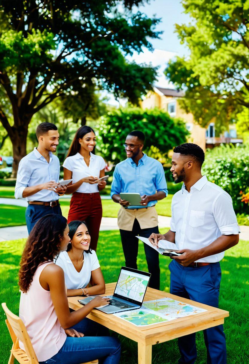 A diverse group of people discussing real estate in a vibrant community park, showcasing homes in the background, surrounded by lush greenery, and engaging in thoughtful conversation. Include elements like a map and a laptop with analytics visible beside them, symbolizing modern insights. Super-realistic. Warm colors. Bright and inviting atmosphere.